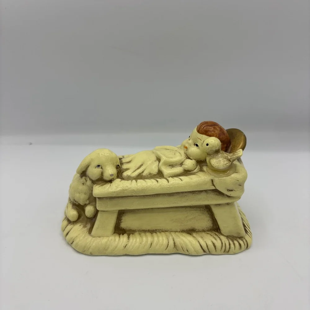 Vintage Lund’s Lites Baby Jesus Manger Figurine Korea Nativity Lamb Dove 1980s